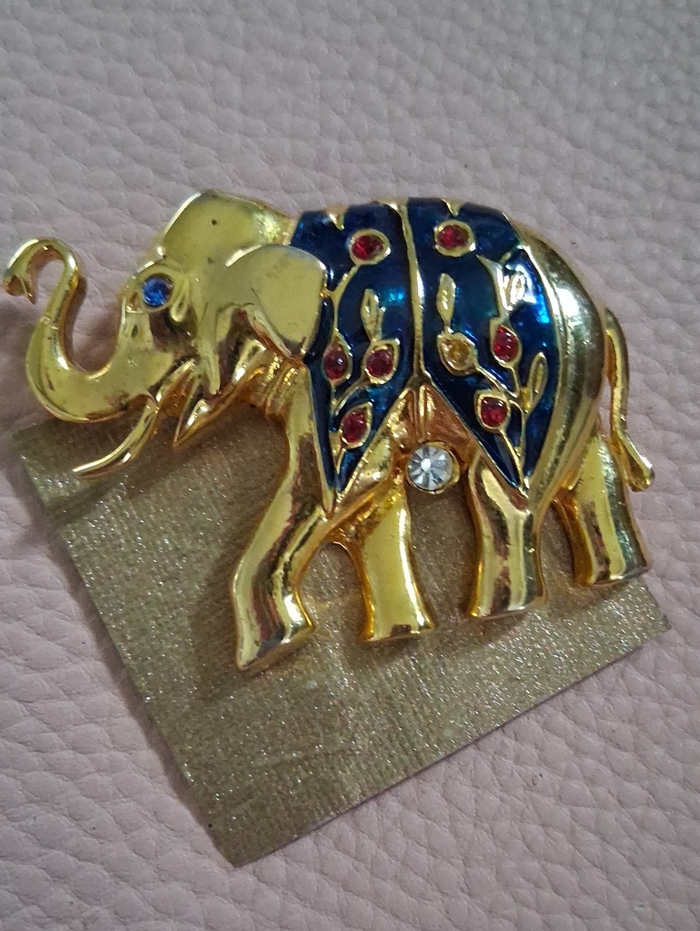 Gold Elephant Brooch with Blue and Red Enamel